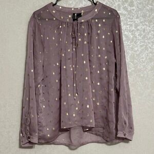 Bisou Bisou Michele Bohbot Gold Star Print Purple Blouse Sheer Top Long Sleeve L